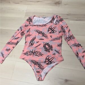 Fashion Nova Pink and Black Graphic Bodysuit